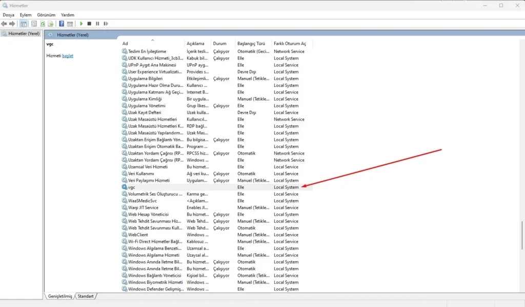 Valorant VAN 1067 Hatası Nedir ve Nasıl Düzeltilir? 1 services.msc vgc bölümü