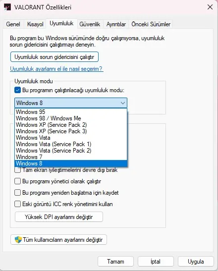 valorant'ı uyumluluk modunda çalıştırma