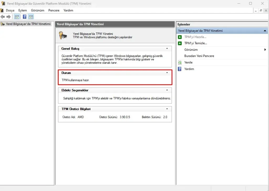 windows 11'de tpm'in açık olup olmadığını kontrol etme