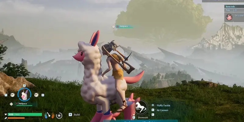 Palworld'de Pal'ler Binek Olarak Nasıl Kullanılır? 1 palworld'de Melpaca'ya binebilen bir oyuncunun görseli