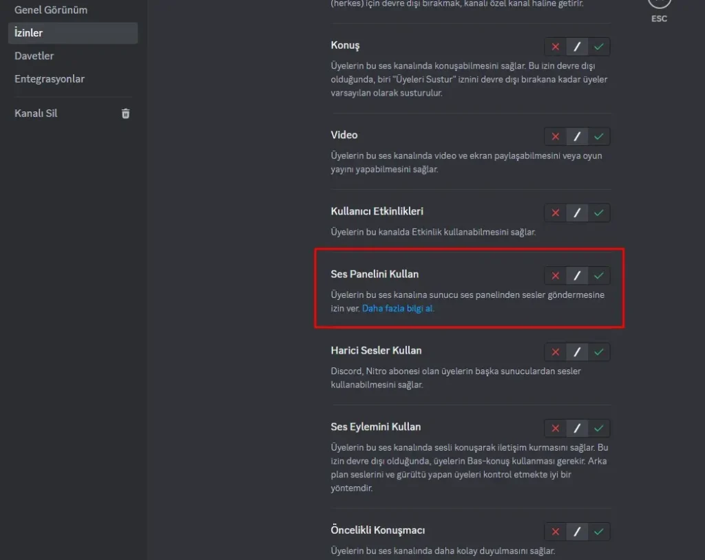 discord ses panelini devre dışı bırakmak