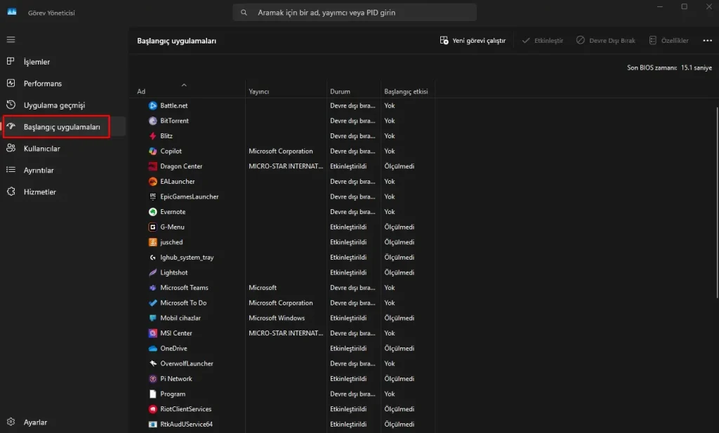 windows başlangıç uygulamaları
